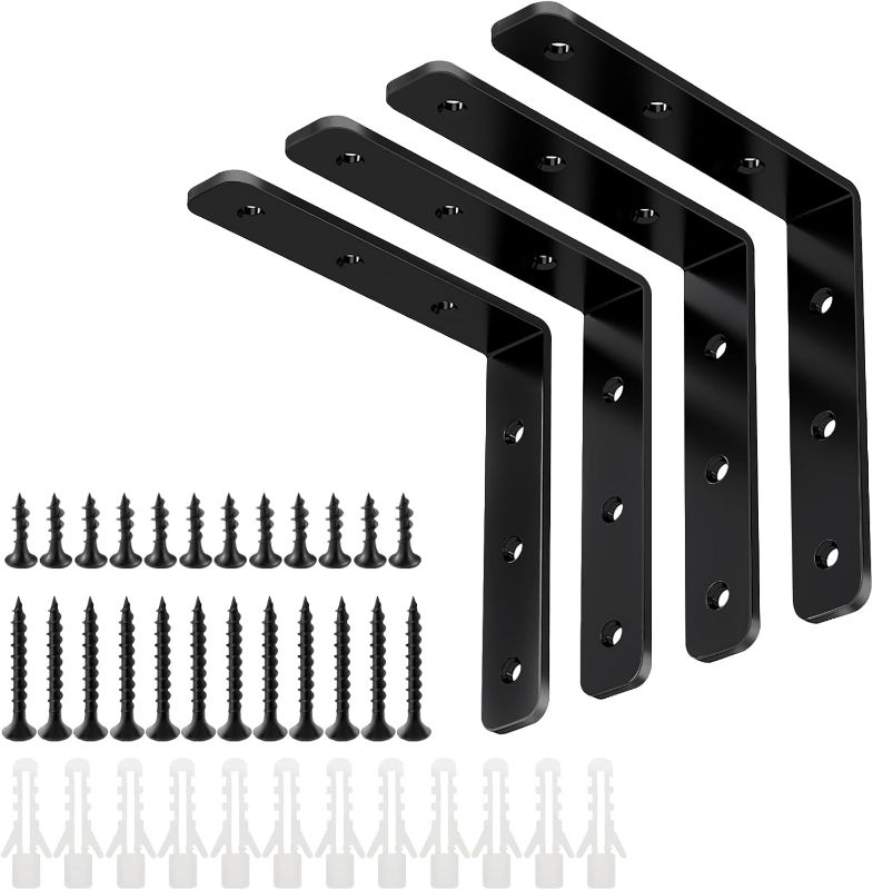 Photo 1 of YUMORE L Bracket, 4x4 Inch Max Load: 25lb/12kg Heavy Duty Stainless Steel Solid Shelf Support Corner Brace Joint Right Angle Bracket, Pack of 4, Black