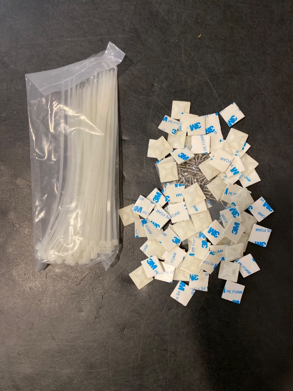 Photo 1 of 3/4" 3M Back-Glue Self Adhesive White Strong Cable Zip Tie Mounts 100pcs with 8" Ties, Screws, Outdoor Sticky Wire Fasteners Cable Clips Management Anchors Organizer Holders Squares