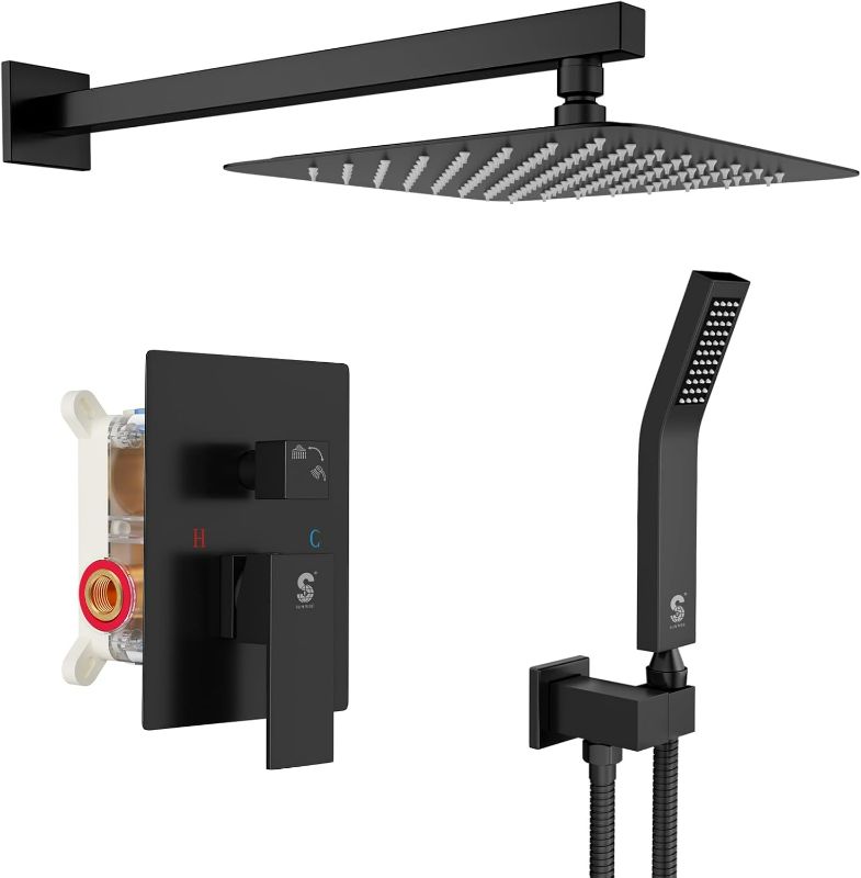 Photo 1 of SR SUN RISE Black Square Rainfall Shower Head and Handle Set, Wall Mounted Shower Fixtures, Metal Shower Faucet Trim Repair Kits (With Shower Valve)