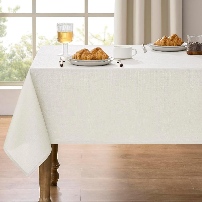 Photo 1 of Wrinkle-Free Rectangle Outdoor Burlap Tablecloth for Picnic, Party, Wedding and Camping, Waterproof Easy Wipe Clean Table Cloth for Home Decor (Oblong, 60 x 120 Inch (10-12 Seats), Ivory