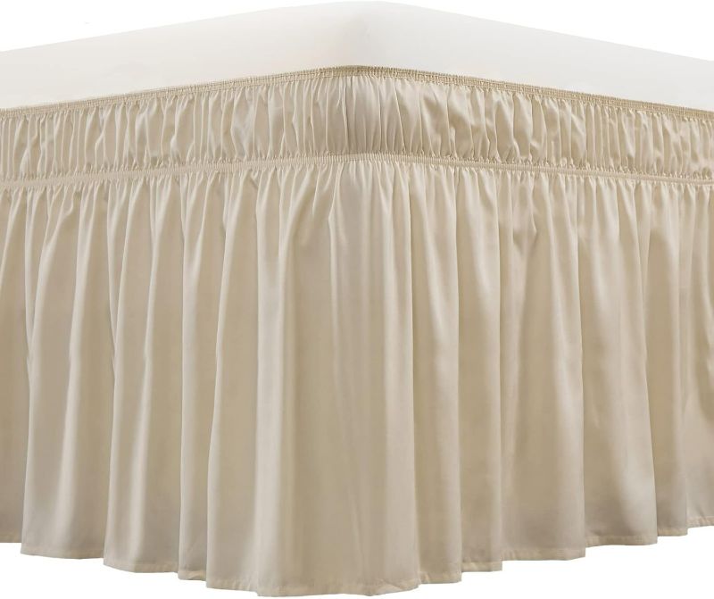 Photo 1 of MEILA Wrap Around Bed Skirt Three Fabric Sides Elastic Dust Ruffled 16 Inch Tailored Drop,Easy to Install Fade Resistant-Beige, Queen/King