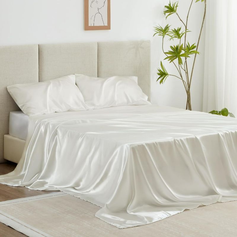 Photo 1 of Love's cabin Satin King Sheet Sets - 4 Piece Ivory Silky Sheets King Size Bed Set with Deep Pocket, Luxury Silk Feel King Size Satin Sheet Set (1 Flat Sheet,1 Fitted Sheet,2 Pillow Cases)