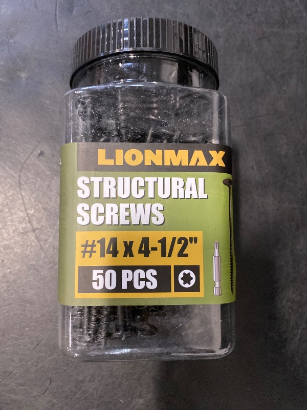 Photo 1 of LIONMAX Wood Screws #14 x 4-1/2 Inch, 50-PCS, Heavy Duty Structural Lag Screws, Rust Resistant Coated for Exterior Decking/Construction/Timber/Landscape, Star Drive Flat Head, T30 Bit Included, Black
