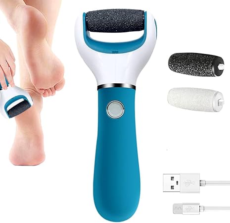 Photo 1 of BOMPOW Foot Scrubber Electric Callus Remover Rechargeable Foot File Hard Skin Remover Pedicure Tools Electronic Callus kit for Cracked Heels and Dead Skin with 2 Roller Heads, Blue