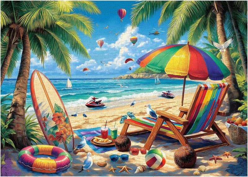Photo 1 of Beach Puzzles for Adults 1000 Pieces, PICKFORU Vintage Summer Puzzle Lounge Chair Beach Vacation, Difficult Seaside Puzzles for Adults, Colorful Art Puzzle as Wall Decor