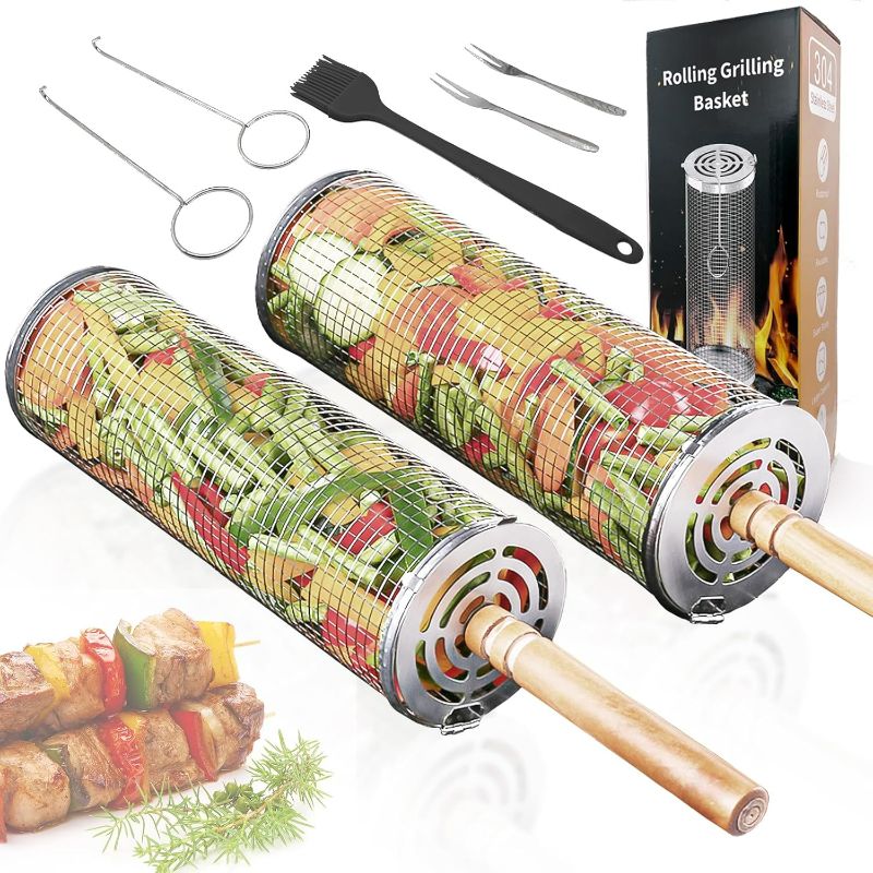 Photo 1 of Nesting Grill Baskets, Removable Wood Handles, Rolling Grill Baskets Set for Outdoor Grilling Vegetables, Seafood, and Meat, Thickened 304 Stainless Steel, Ideal for BBQ Enthusiasts and Camping Trips(2PC)