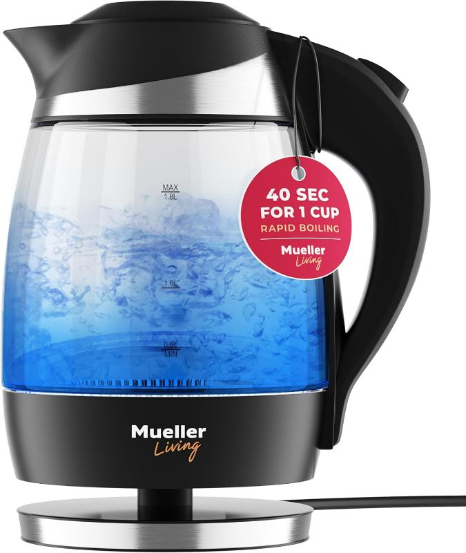 Photo 1 of Mueller Living Electric Kettle, Electric Tea Kettle for Boiling Water, 1500W SpeedBoil with Automatic Shutoff, 1.8L Cordless with LED Light, Borosilicate Glass Tea Kettle Pot Water Heater, BPA Free