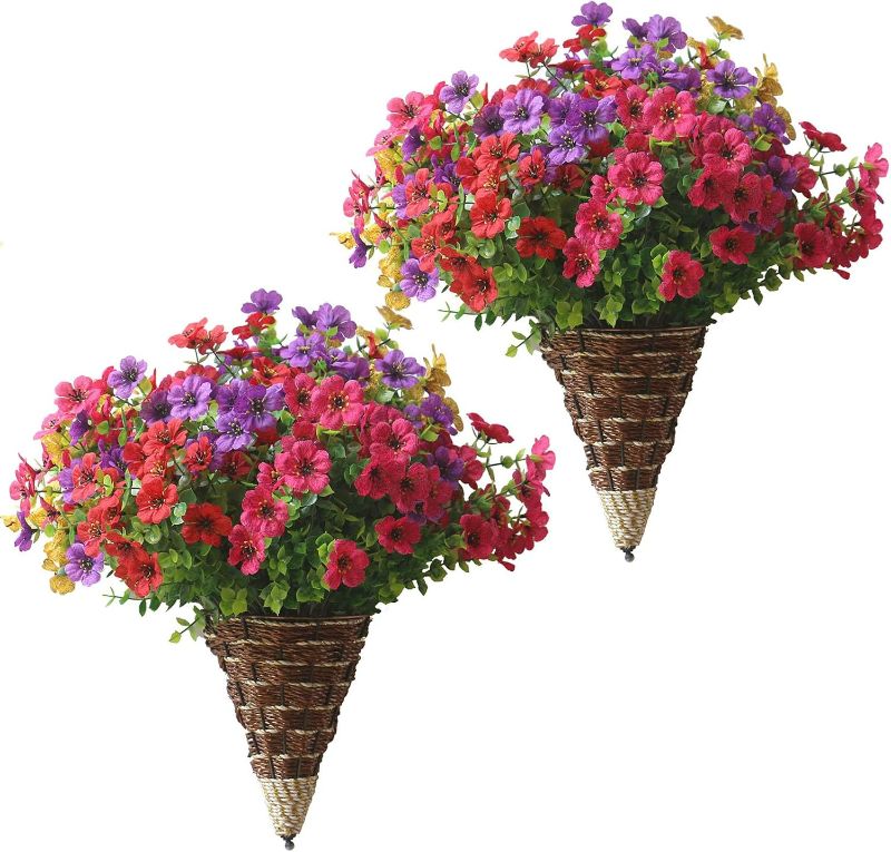 Photo 1 of 1 Pack Artificial Fake Hanging Flowers Plants with Wall Hanging Basket Outdoor Indoor UV Resistant Look Real Faux Silk Flower in Wall Hanging Planter for Porch Front Door Garden Home Patio Living Room