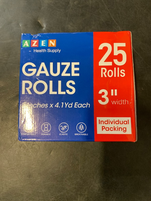 Photo 1 of AZEN 25 Pack Gauze Rolls Bandages, 3 in x 4.1 Yards, Premium Medical Supplies & First Aid Supplies, Bandage Wrap Vet Wrap, Mummy Wraps