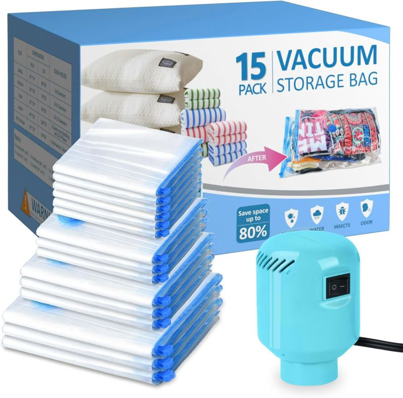 Photo 1 of Vacuum Seal Bags for Clothing with Electric Pump, 15 Pack (3 Jumbo 3 Large 3 Medium 3 Small 3 Roll Up) Space Bags Vacuum Storage Bag for Travel, Luggage, Blankets, Bedding