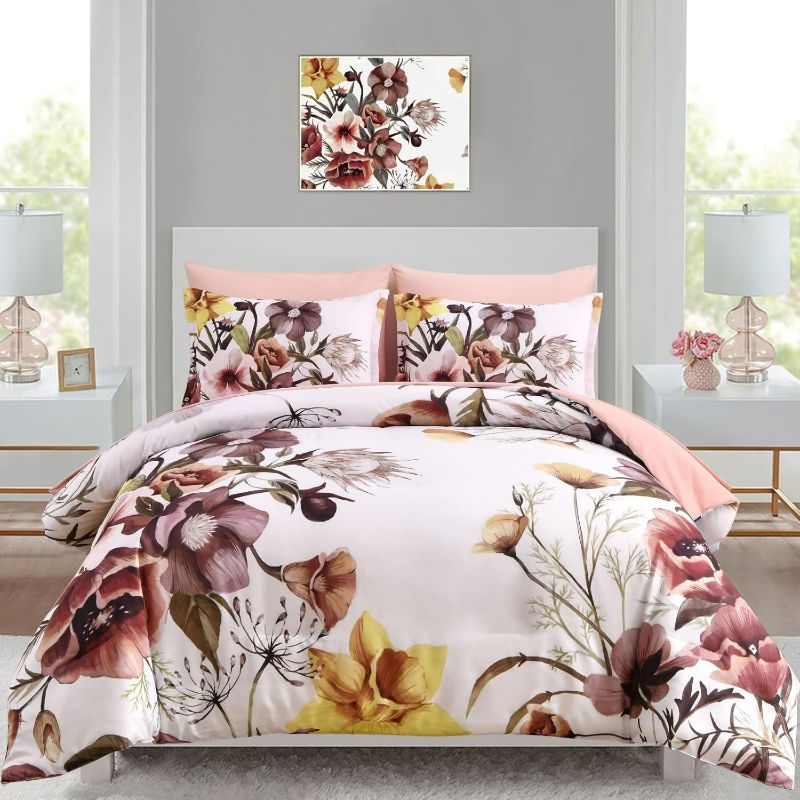 Photo 1 of Luxudecor Floral Comforter Set King Size 7 Piece, Blush Flower Bed in a Bag, Elegant Floral Comforter with Sheet Set, Soft Microfiber Bedding Set for All Season (Blush, 104"x90")