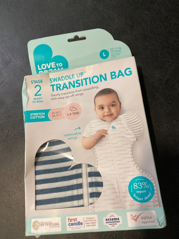 Photo 1 of Size L Love to Dream Swaddle UP Transition Bag, Patented Zip-Off Wings, Gently Help Baby Safely Transition from Being Swaddled to arms Free Before Rolling Over, Stripe Denim Blue, Large, 19-24 lbs