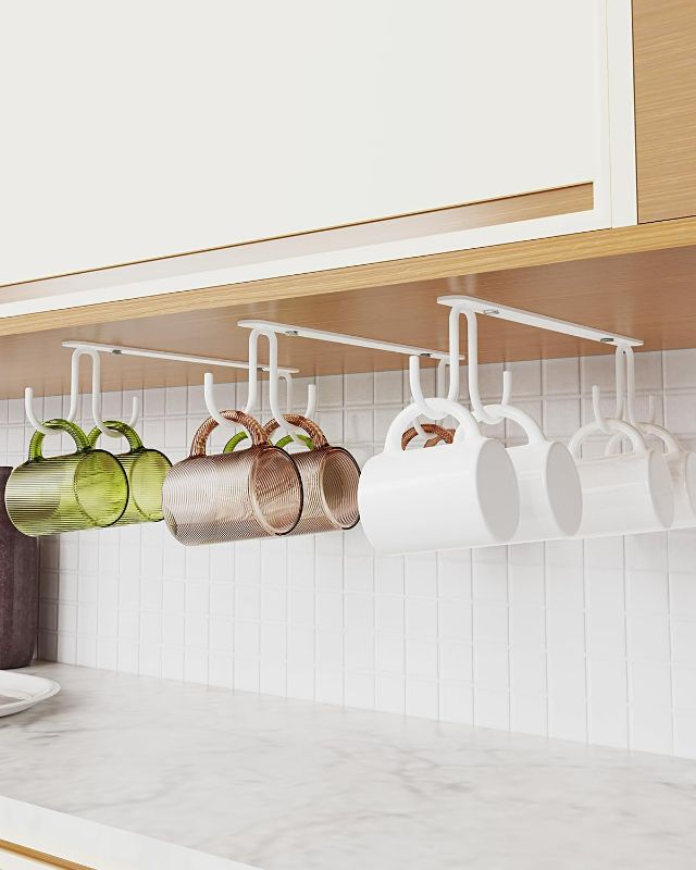 Photo 1 of Mug Hooks Under Cabinet 3 Pack, Coffee Cup Hooks for Hanging Under Shelf, Mug Organizer Rack with 12 Hooks for Displaying Mugs, Coffee Cups and Kitchen Utensils, White