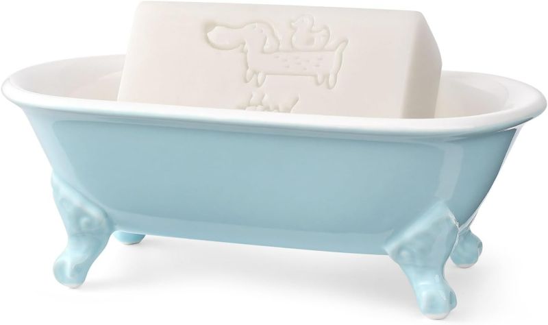 Photo 1 of 6.5" Ceramic Mini Decorative Clawfoot Bathtub Bar Soap Dish, Kitchen Sponge Holder and Shower Tray for Bathroom, 1 Pack(Baby Blue)