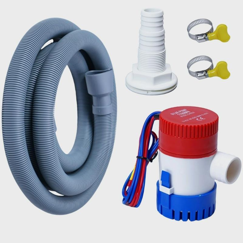 Photo 1 of 12v 1100gph Boat Bilge Water Pump, 1-1/8 Inch Bilge Pump Plumbing Kit, 6.5FT Bilge Pump Hose, 2 Stainless Steel Clamps and Thru-Hull Fitting