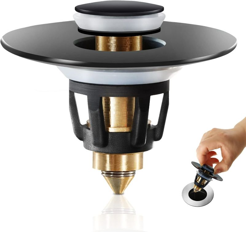 Photo 1 of Black Bathroom Sink Stopper Pop Up Drain Stopper for Bathroom Sink Bathroom Sink Strainer Sink Plug,Universal Wash Basin Sink Stopper Suitable for 1.1~1.5 Inch Bathroom Sink Drain Pipe (Matte Black)