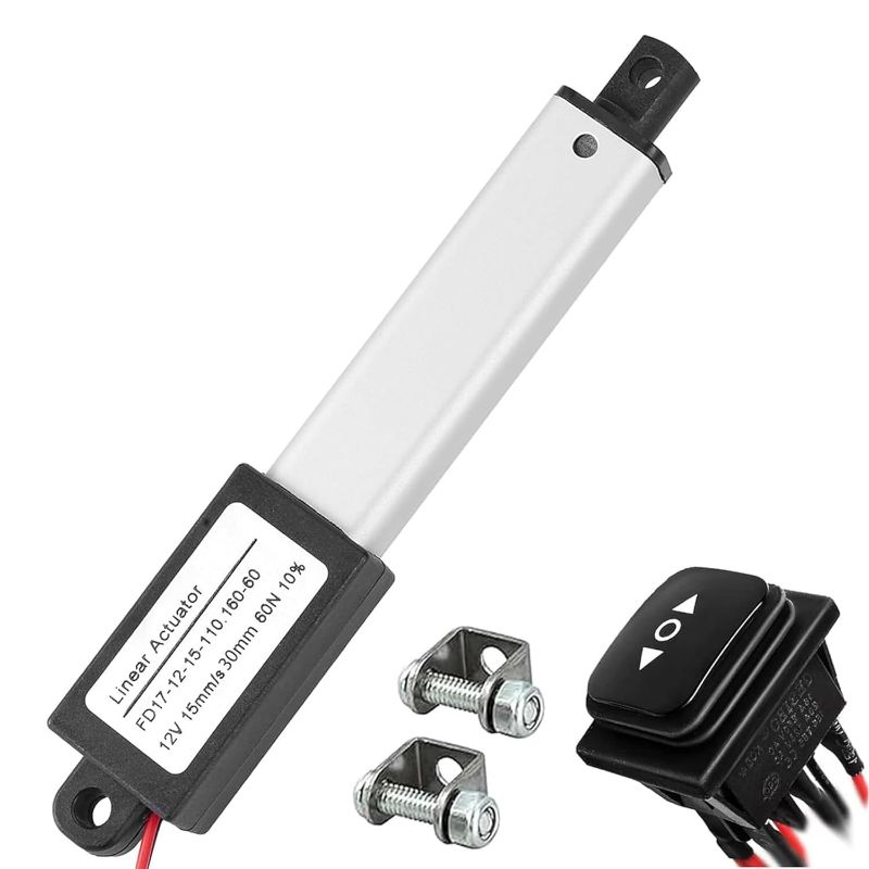 Photo 1 of AWINLI 12V 1.2" Stroke Mini Linear Actuator,60N (13.4lbs),Speed 15mm/s Electric Linear Actuator with Waterproof Switch and Mounting Bracket,for Pet Doors,Miniature Equipment(30mm)