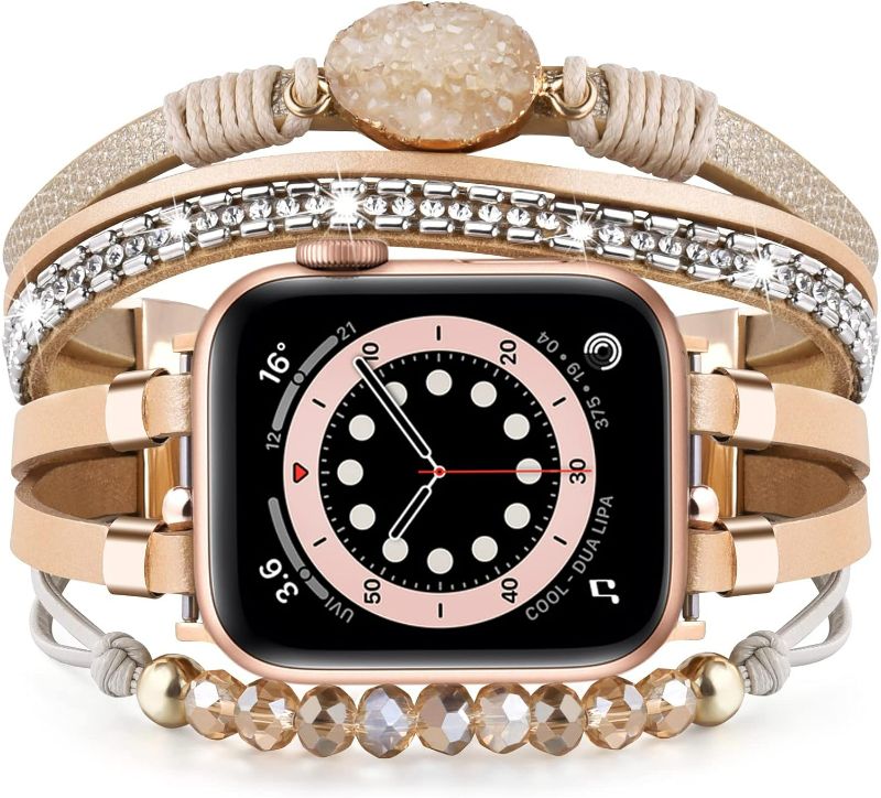 Photo 1 of VISOOM Beaded Boho Bracelet Compatible for Apple Watch Band 40mm/38mm/41mm Series 10 9 8 7 SE Series 6/5/4 Women Leather Fashion Cute Handmade Multilayer Wrap Watch Strap for iWatch Bands 3/2/1