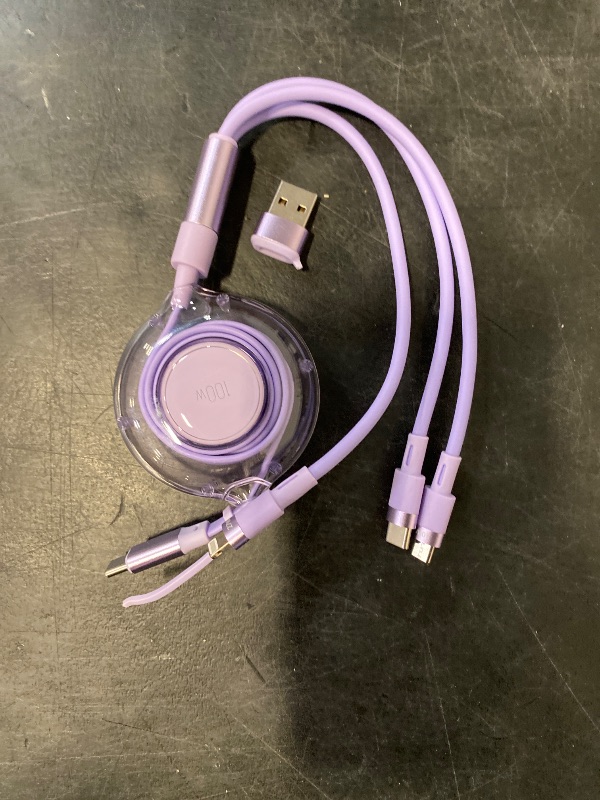 Photo 1 of 100W 5-in-1 Retractable Charging Cable, USB C/Lightning/Micro USB Multi Charger Cords for iPhones, iPads, MacBook, Tablets, Galaxy, Note & More - 4Ft/1.2M 5A Fast Charging, Durable & Portable, Purple