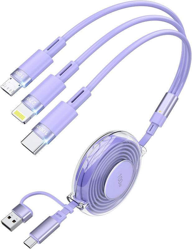 Photo 1 of 100W 5-in-1 Retractable Charging Cable, USB C/Lightning/Micro USB Multi Charger Cords for iPhones, iPads, MacBook, Tablets, Galaxy, Note & More - 4Ft/1.2M 5A Fast Charging, Durable & Portable, Purple