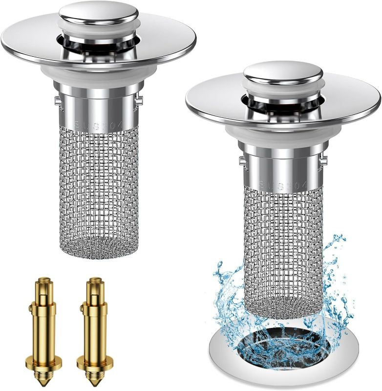 Photo 1 of 2PC Bathroom Sink Stopper Hair Catcher, Pop Up Sink Drain Filter with Removable Stainless Steel Filter Basket Hair Catcher, for US Bathroom Sink Stopper Replacement.