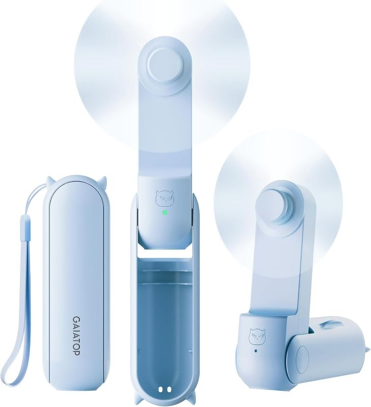 Photo 1 of GAIATOP Portable Handheld Fan, 3 IN 1 Mini Foldable Travel Fans [17H Max Cooling Time] with Power Bank, Pocket Design USB Rechargeable for Travel Concert Lash Makeup, Summer Gifts for Women Girl, Blue