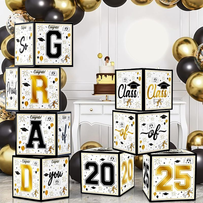 Photo 1 of OHOME 8 Pack Graduation Decorations 2025 - Graduation Party Decorations 2025 - Black and Gold Balloon Boxes for Class of 2025 Party Favors Supplies - Yard Signs Banner Backdrop Decor