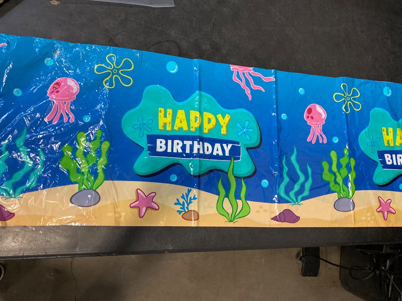 Photo 1 of 3 Pcs Blue Ocean Birthday Party Tablecloth Decorations, Disposable Happy Birthday Table Cover Blue Ocean Jellyfish Seaweed Tablecloth for Rectangle Table Baby Shower Party Supplies, 108x54”