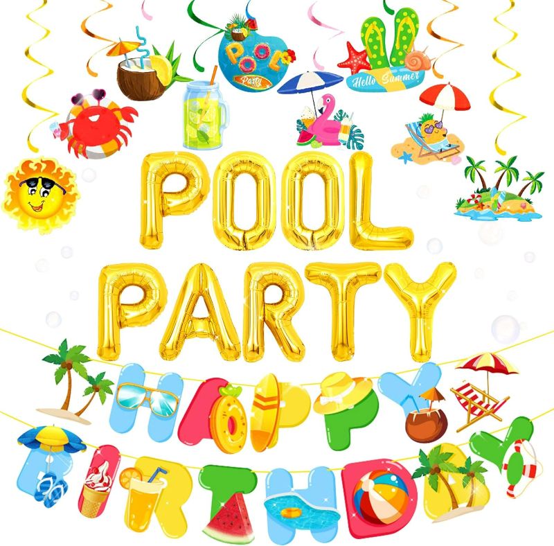 Photo 1 of Summer Pool Beach Party Decoration, Pool Party Birthday Bash Party Decorations Tropical Balloons Banner for Kids Swimming Water Luau Tropical Hawaii Party Decoration Supplies