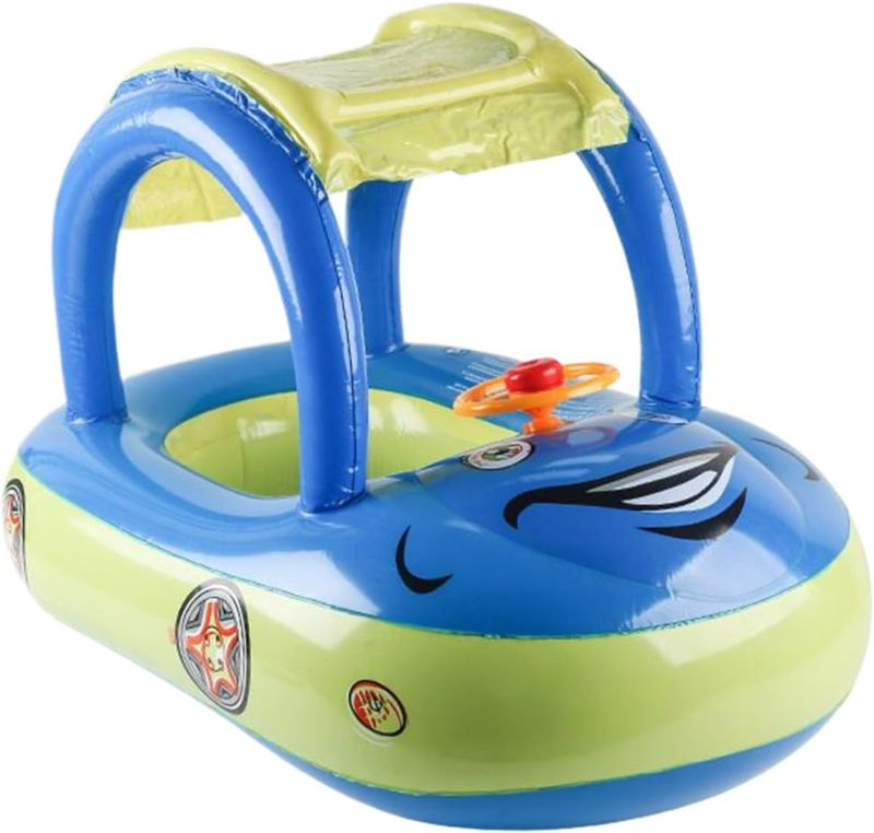 Photo 1 of Children's Car Boat with Canopy Sunshade Swimming Ring, Toddler Pool Float, Canopy Swim Floatie, Secure Seat, Stable and Balance, PVC, for Pools, Lakes, Beaches