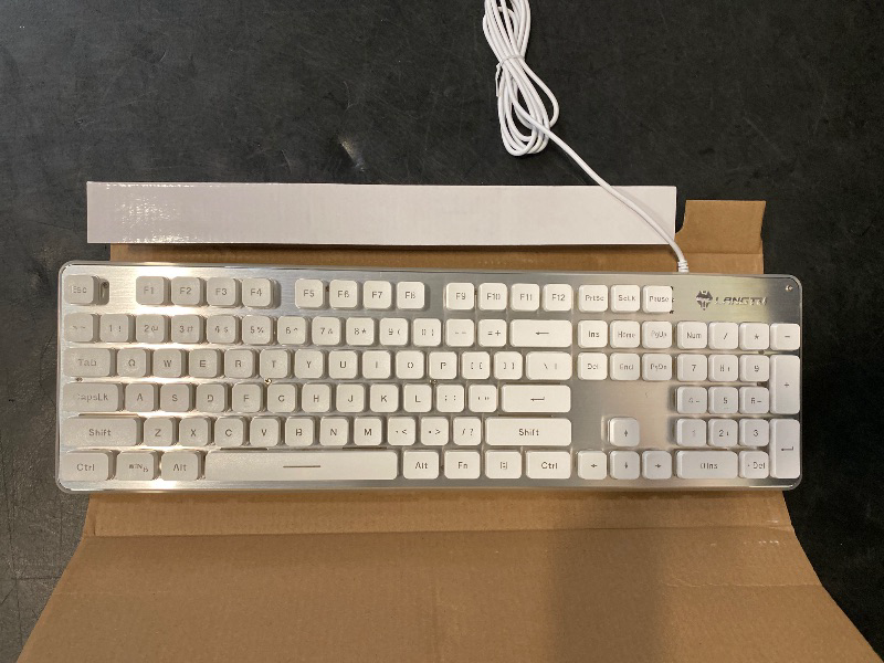 Photo 1 of LANGTU Membrane Gaming Keyboard, Rainbow LED Backlit Quiet Keyboard for Office, USB Wired All-Metal Panel 25 Keys Anti-ghosting Computer Keyboard 104 Keys - L1 White/Silver