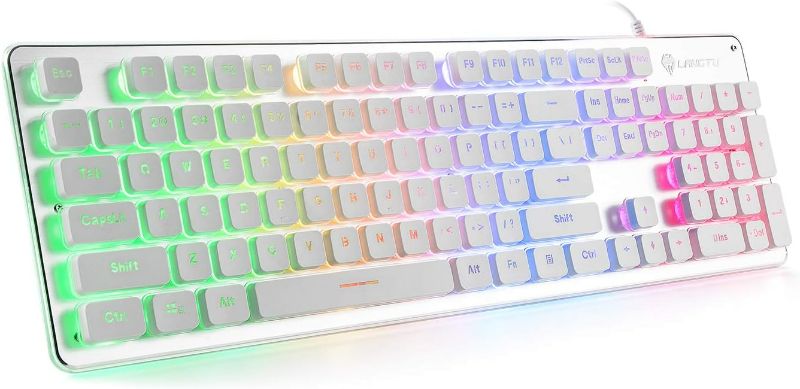 Photo 1 of LANGTU Membrane Gaming Keyboard, Rainbow LED Backlit Quiet Keyboard for Office, USB Wired All-Metal Panel 25 Keys Anti-ghosting Computer Keyboard 104 Keys - L1 White/Silver