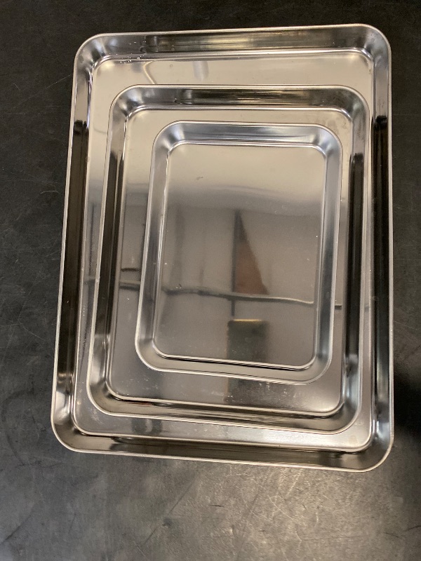 Photo 1 of E-far Baking Cookie Sheet Pan Set of 3, 16/12.4/10.4 Inch, Stainless Steel Baking Pans Set for Oven, Rectangle Baking Tray for Cooking Roasting, Non Toxic & Easy Clean, Dishwasher Safe