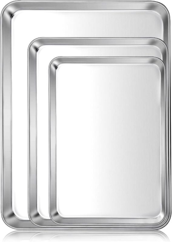 Photo 1 of E-far Baking Cookie Sheet Pan Set of 3, 16/12.4/10.4 Inch, Stainless Steel Baking Pans Set for Oven, Rectangle Baking Tray for Cooking Roasting, Non Toxic & Easy Clean, Dishwasher Safe