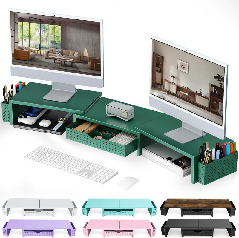Photo 1 of gianotter Dual Monitor Stand Riser, Desk Organizer With Drawer and 2 Pen Holders, Monitor Stand for Desk, Office Decor Essentials (Green)