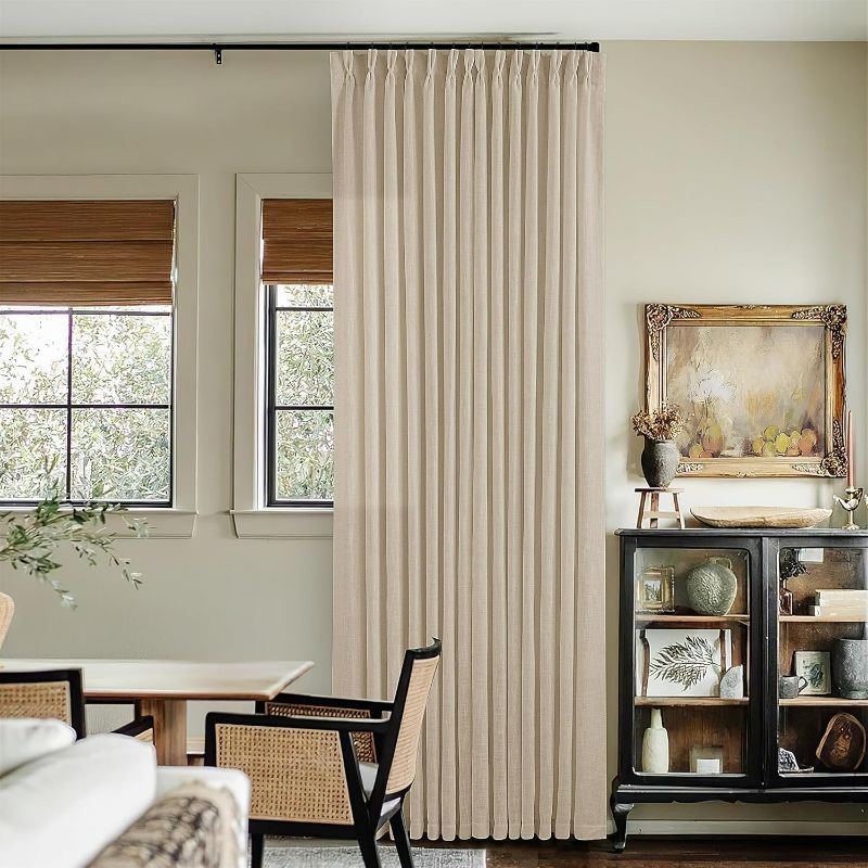Photo 1 of Sand Beige Linen Curtains 120 Inches Long for Bedroom Pinch Pleated Ceiling Mount Track Curtains Hooks Drapes for Sliding Glass Patio Doors 10 Ft Large Window Farmhouse Sand Beige 120 Inch Drapes