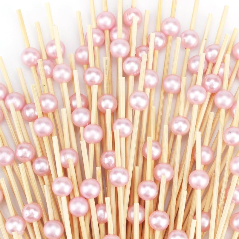 Photo 1 of 200 PCS Pink Cocktail Toothpicks for Appetizers, Natural Bamboo Coctail Skewers Sticks, Pearl Decorative Cocktail Tooth Picks for Drinks, Fruit, Charcuterie, Wedding Food Party Fancy 4.7 Inch Long
