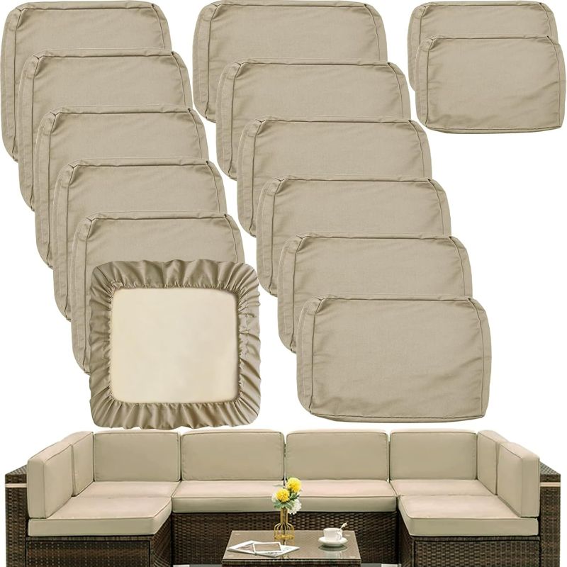 Photo 1 of Sqodok Outdoor Cushion Covers 14Pcs Patio Cushion Slipcovers, Replacement Waterproof for 6-Seaters Sofa, Outdoor Furniture Cushion Slipcovers Set Seat and Back, Covers Only, Tan