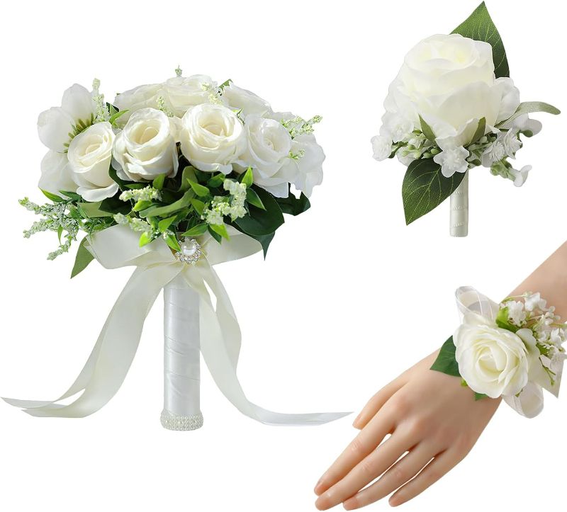 Photo 1 of Meldel Ivory Wedding Bouquets for Bride Bridesmaid with Corsage and Boutonniere Set, 8 Inch White Champagne Artificial Roses Flowers Bridal Bouquet for Wedding Church Decoration,Ceremony, Anniversary