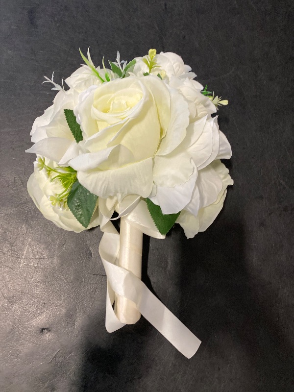 Photo 1 of Meldel Ivory Wedding Bouquets for Bride Bridesmaid with Corsage and Boutonniere Set, 8 Inch White Champagne Artificial Roses Flowers Bridal Bouquet for Wedding Church Decoration,Ceremony, Anniversary