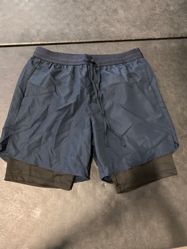 Photo 1 of Size L Pudolla Men’s 2 in 1 Running Shorts 5" Quick Dry Gym Athletic Workout Shorts for Men with Phone Pockets