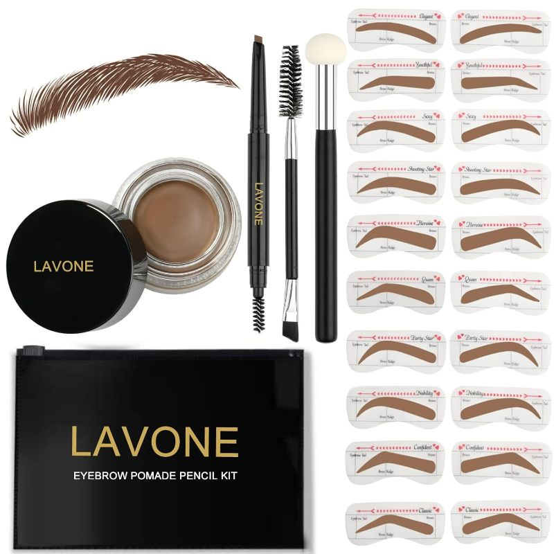 Photo 1 of LAVONE Eyebrow Stamp Stencil Kit, Brow Stamp Trio Kit with Waterproof Eyebrow Pencil, Pomade, 20 Eyebrow Stencils, Dual-ended Eyebrow Brush and Sponge Applicator - Soft Brown