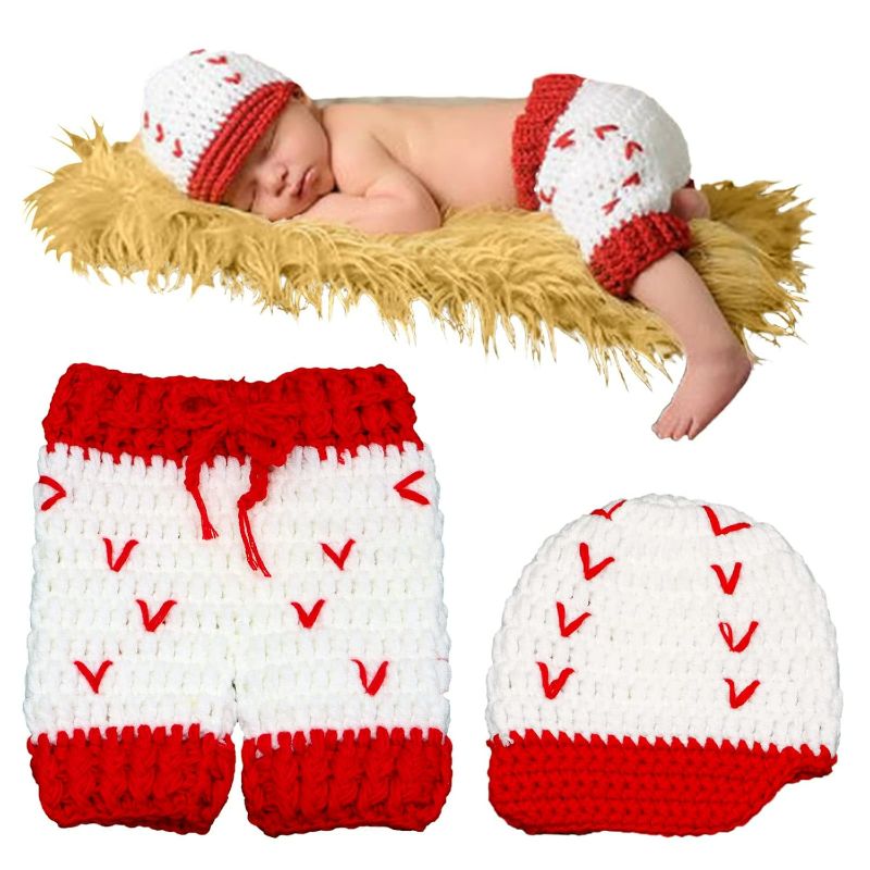 Photo 1 of 2 PCS Newborn Photography Outfits, Baby Boys Photography Prop Crochet Knitted Cowboy Vest Shoes | Baseball Hat Shorts | Overalls Costume (B)