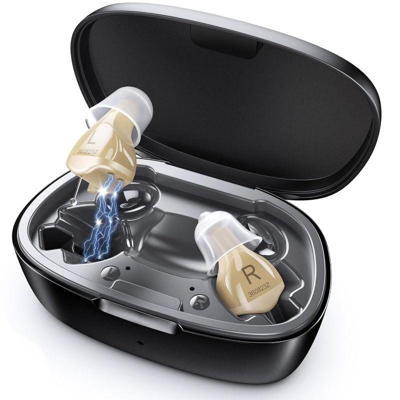Photo 1 of Hearing Aids for Seniors, Hearing Aid Rechargeable for Hearing Loss, Personal Hearing Amplifier with Volume Control and Portable Magnetic Charging Case, Noise Canceling Hearing Aids (Black skin tone)