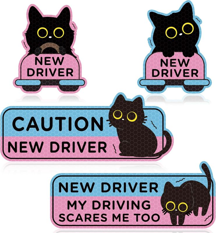 Photo 1 of CNhoqc 4pcs Black Cat New Driver Car Magnet, Cute Shivering Cat Reflective Student Driver Sign for Car Bumper, Cartoon Nervous Kitty Caution New Driver Reusable Magnet Sticker for Bumper Safety Sign