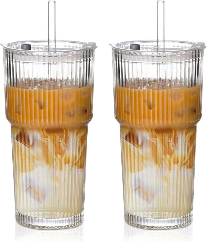 Photo 1 of 2PCS 20oz Glass Tumblers with Lids and Straws | Iced Coffee Cups | Ideal for Juice, Smoothies | Whiskey Cocktail Beer