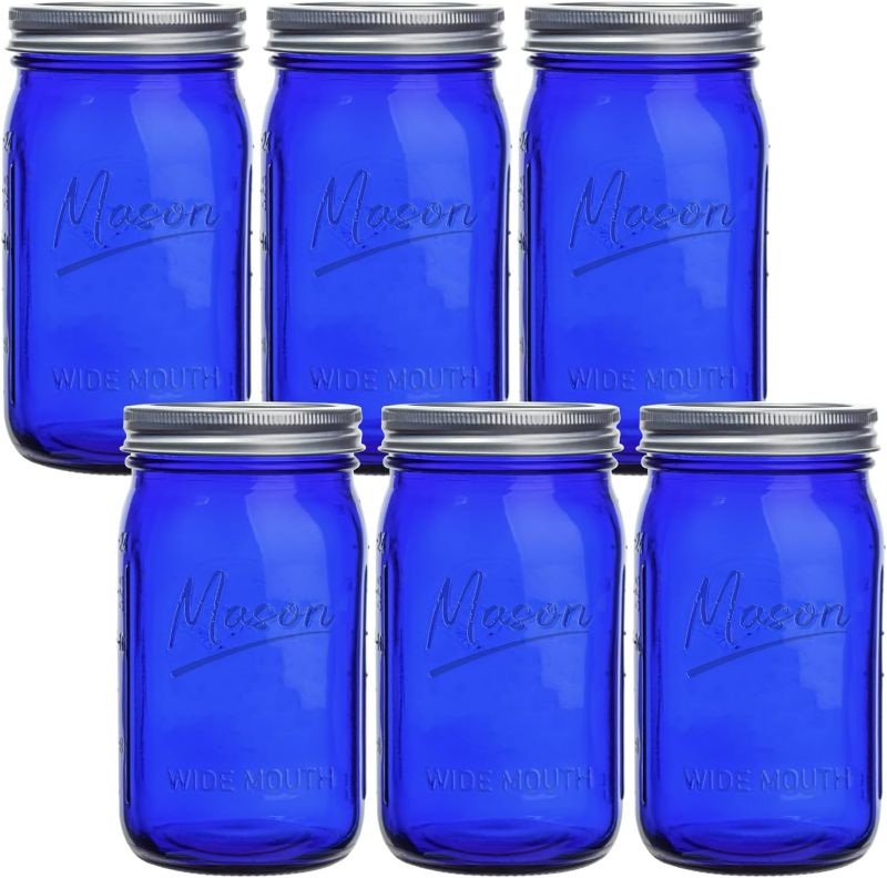 Photo 1 of Blue Mason Jars 32 oz,6 Pack Wide Mouth Colored Quart Canning Jars with Airtight lids & Bands for Centerpieces,Fermenting,Pickling,Storage,DIY Crafts & Décor