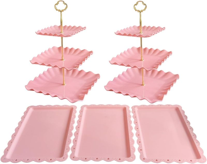 Photo 1 of 5 Pcs Cupcake Stand Set - Pink Plastic Dessert Table Display Set, 2x Pink Square 3 Tier Cupcake Display Stands Cookie Tray Rack Serving Tower & 3x 14 in Plastic Trays for Wedding Baby Shower Tea Party