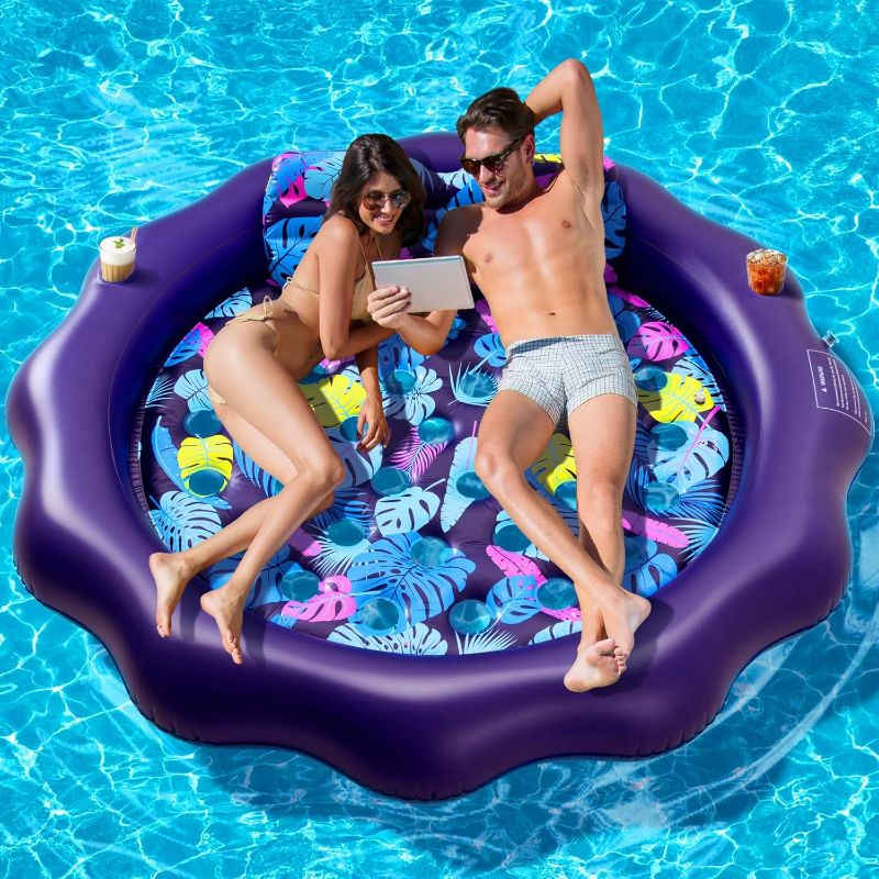 Photo 1 of Inflatable Pool Floats Adult Size - 77" X-Large Heavy Duty Tanning Floating Mat Cooling Holes Lounger with Pillow, Pool Floaties Bed with Cup Holders for Backyard Swimming Pool Party, Purple