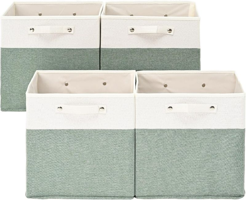 Photo 1 of 13 x 13 Inch Fine Linen Storage Bins with Handles?Fabric Cube Boxs?Collapsible Basket Organizers for Shelves for Home, Closet Drawers (White/Green-4 Pack )
